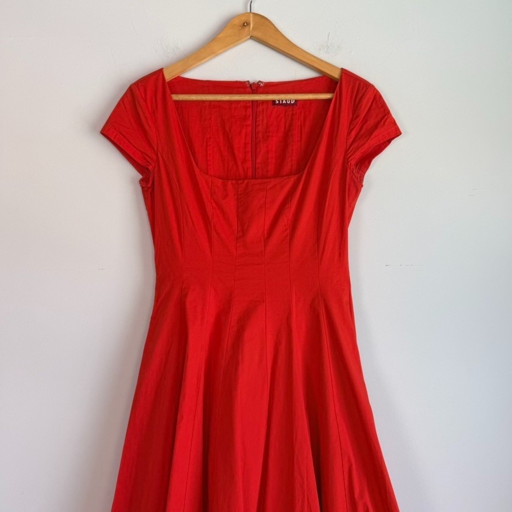 Staud Square Neck Fit and Flare Midi Dress Size 4 Red Cottagecore Quiet Luxury - Picture 2 of 12